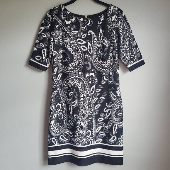 Eliza J Women’s Size 4 Black White Short Sleeve Lined Sheath Midi Dress - Picture 1 of 8